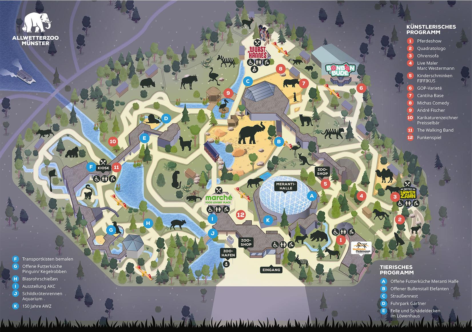 Lageplan Nachts im Zoo 2025 Lageplan Allwetterzoo Münster – Nachts im Zoo 2025 mit Tiergehegen, Shows, Livemusik, Kinderprogramm, Gastronomie, Toiletten und Abendveranstaltungen.