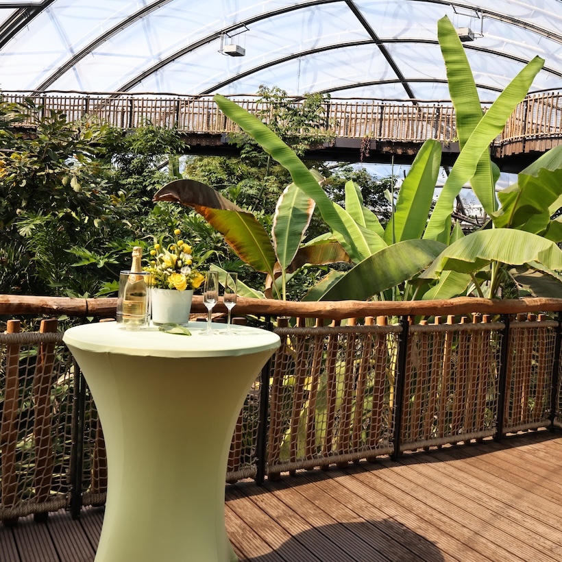 Empore in der Meranti Halle eingedeckt mit Stehtischen f&uuml;r eine Hochzeit