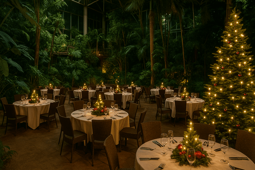 Festlich gedeckte Tische in einer tropischen Umgebung. Am rechten Bildrand steht ein Weihnachtsbaum mit Lichterkette.