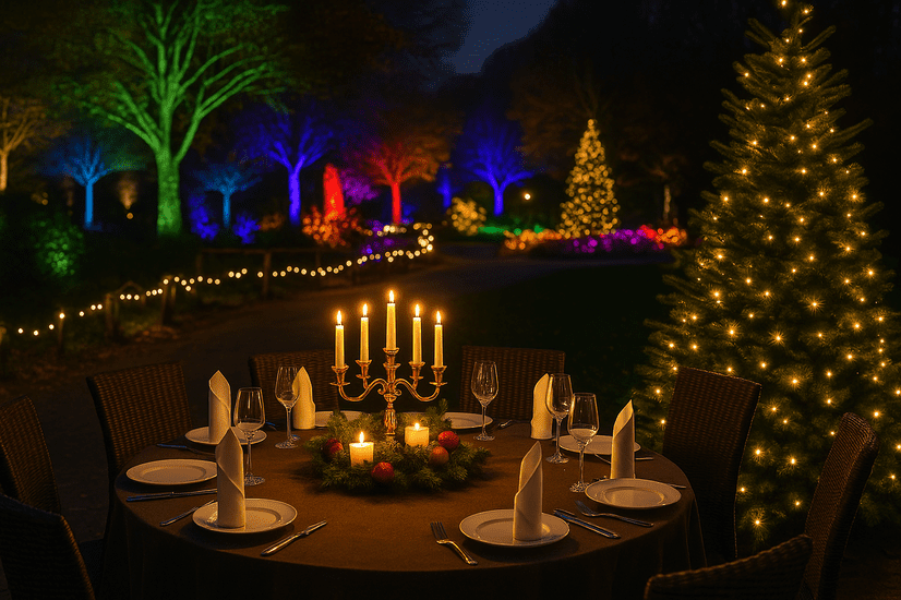 Ein festliche gedecketer Tisch im Vordergrund. Hinten illuminierte Zoowege und rechts ein Weihnachtsbaum.